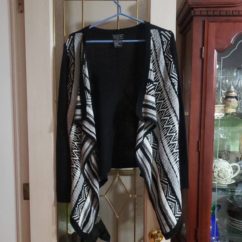 GUILTY BLACK, WHITE AND GRAY PONCHO SWEATER.  SIZE S.